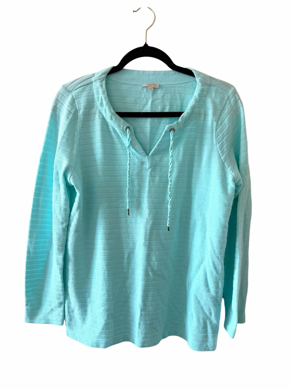 Talbots Aqua Tie-Neck Long Sleeve Knit Top size S 100% cotton
